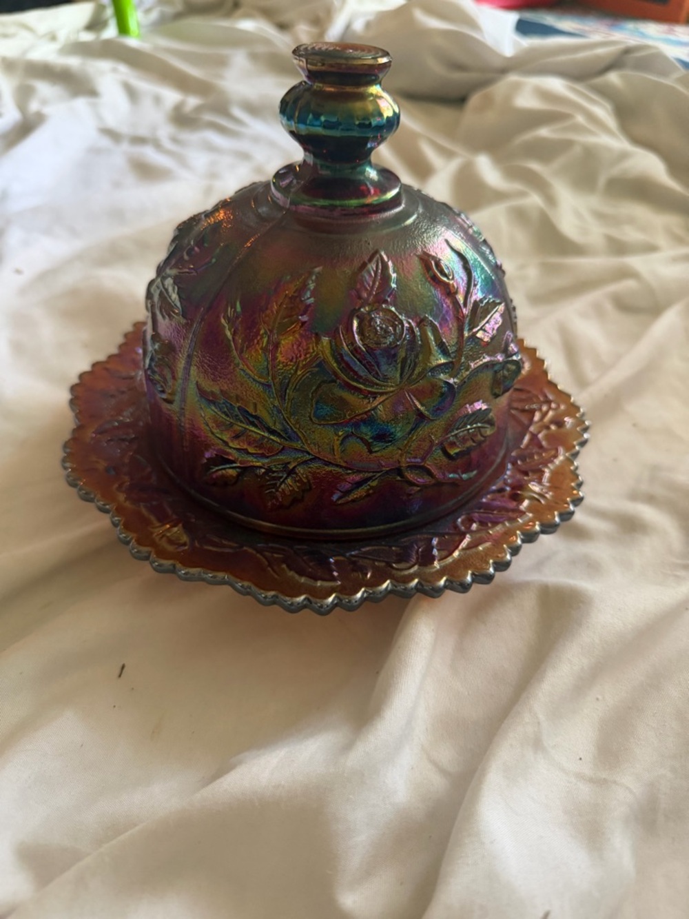 Iridescent Carnival Glass Butter Dish with Floral Motif